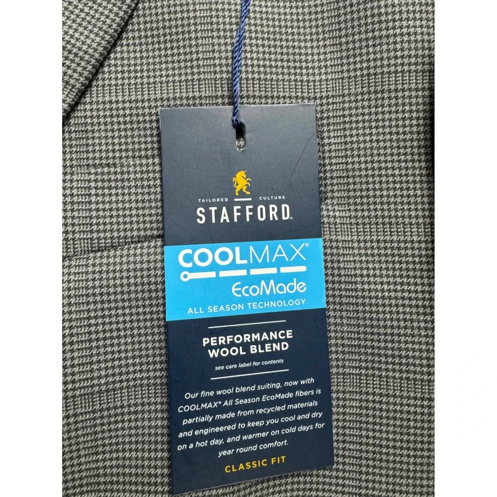 Stafford CoolMax EcoMade Gray Houndstooth Performance Wool Suit Jacket 46R NEW
